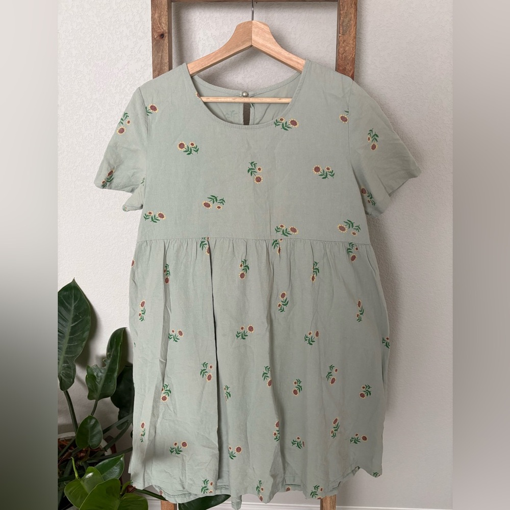 Green Sunflower Floral Babydoll Tunic Dress | Size Medium